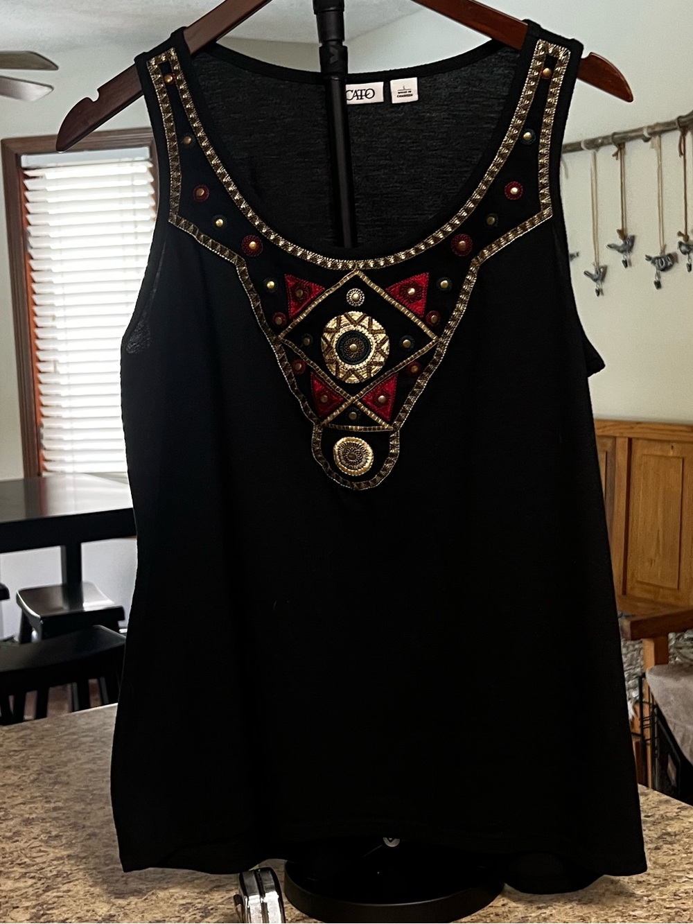 Cato Black Tank with Gold and Red Beaded Accent